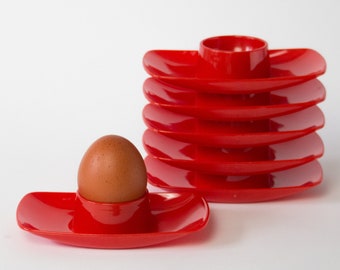 Sechs Vintage Eierbecher in knalligem rot, Fackelmann, 60er, 70er, 80er Jahre, Mid Century 6er-Set Plastik, Retro