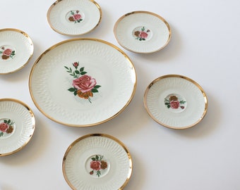 Konfektteller aus Porzellan für Gebäck mit sechs kleinen Tellern, Winterling, Blumen, Rosen, Vintage, 50er, 60er, Goldrand, Kaffee, Kekse