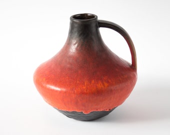 Vase von Gerda Heuckeroth für Carstens, 60er, Vintage, rot, orange, schwarz, Henkel