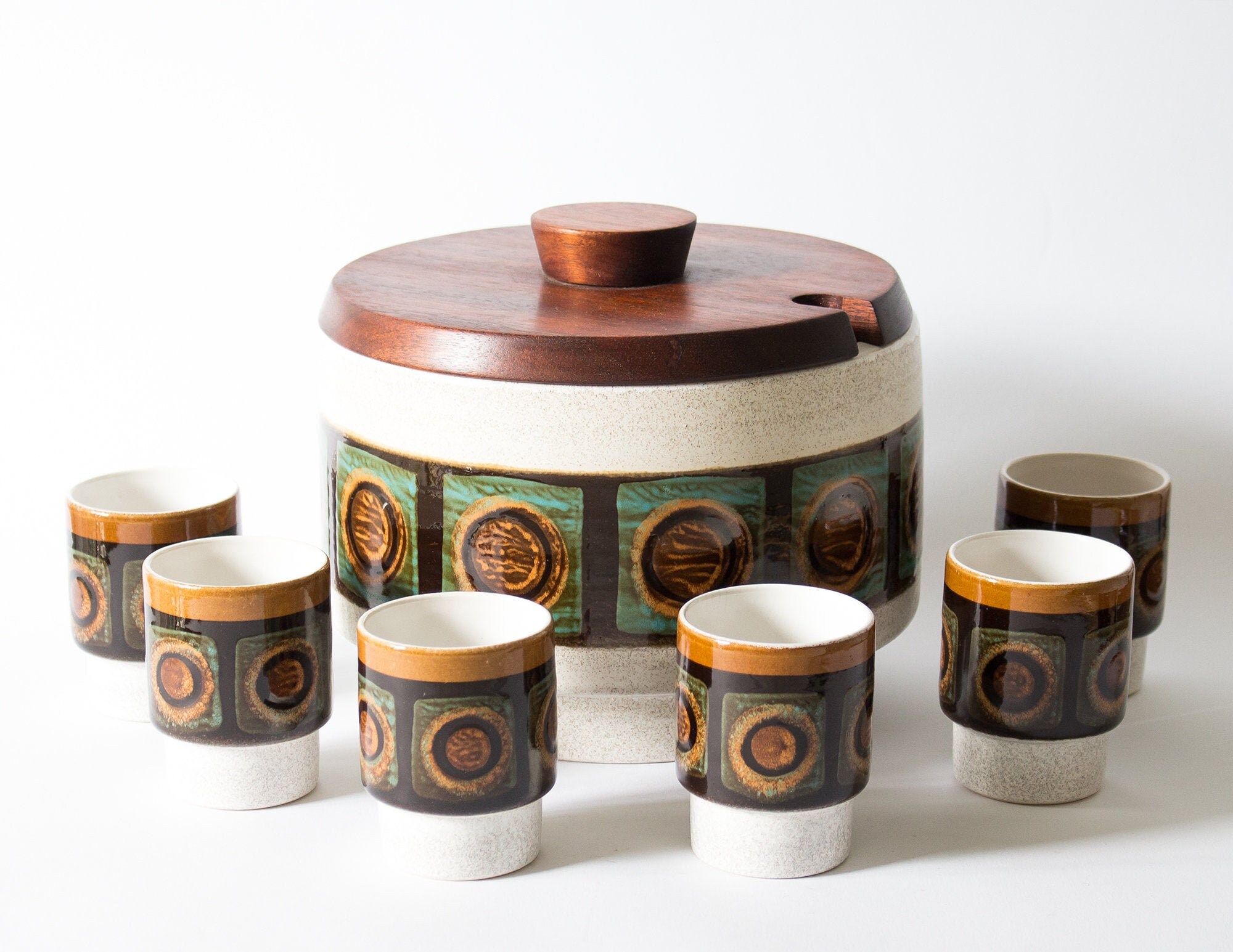 Chic Set de Bowling, Pot Vintage, 60, Céramique, Couvercle en Bois, Mid Century, Punch