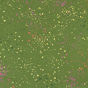 Könnte beinhalten: Grüner Stoff mit einem gesprenkelten Muster. Der Stoff ist mit kleinen Punkten in Gelb, Rosa und Grün bedeckt. Der Text "RASHIDA COLEMAN HALE" und "ED canvas" ist auf dem Stoff aufgedruckt.