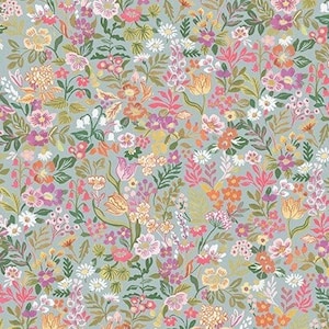 Könnte beinhalten: Ein nahtloses Muster mit einer Vielzahl von bunten Blumen und Blättern auf hellblauem Hintergrund. Das Muster ist perfekt für Stoffe, Tapeten oder andere Dekorationsprojekte.