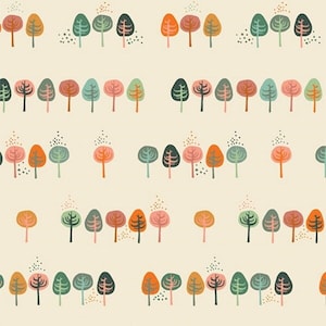 Könnte beinhalten: Ein nahtloses Muster mit einer sich wiederholenden Reihe von stilisierten Bäumen in verschiedenen Grüntönen, Rosa, Orange und Braun. Die Bäume sind in einem versetzten Muster auf einem cremefarbenen Hintergrund angeordnet.