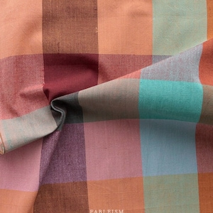 Könnte beinhalten: Nahaufnahme eines farbenfrohen Karostoffs. Der Stoff weist große Quadrate in Rosa-, Orange-, Rot-, Türkis- und Brauntönen auf. Das Wort "FABLEISM" ist in Weiß in der unteren rechten Ecke aufgedruckt.