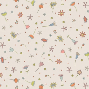 Könnte beinhalten: Ein nahtloses Muster mit verschiedenen bunten Blumen und kleinen Punkten auf einem hellbeigen Hintergrund. Die Blumen sind in einem einfachen, verspielten Stil gezeichnet und umfassen Tulpen, Gänseblümchen und andere Blumenformen.