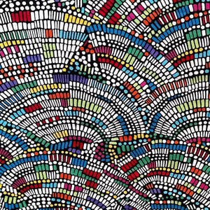 Könnte beinhalten: Abstraktes Kunstwerk mit einem mosaikartigen Muster aus farbenfrohen, halbkreisförmigen Formen. Das Design verwendet eine Vielzahl von Farben, darunter Rot, Grün, Blau und Gelb, vor einem schwarzen Hintergrund. Das Kunstwerk besteht aus kleinen, rechteckigen und punktartigen Elementen.