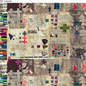 Könnte beinhalten: Abstraktes Stoffdesign mit einem sich wiederholenden Muster aus geometrischen Formen und Farben. Der Stoff zeigt eine Mischung aus Quadraten, Kreisen und Kreuzen in Braun-, Grau-, Blau-, Grün-, Rosa- und Rottönen. Der Stoff ist 30 Zoll breit und hat einen Saum.