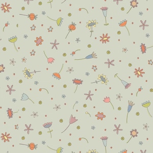 Könnte beinhalten: Ein nahtloses Muster mit verschiedenen bunten Blumen und Punkten auf hellgrünem Hintergrund. Die Blumen sind in einem einfachen, verspielten Stil gezeichnet und umfassen verschiedene Formen und Farben.