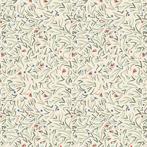 Könnte beinhalten: Ein sich wiederholendes Muster mit stilisierten floralen und Blattmotiven in Grün-, Rot- und Blautönen auf cremefarbenem Hintergrund. Das Design hat eine Vintage-Ästhetik mit zarten Linien und einem subtilen, strukturierten Aussehen, geeignet für Stoff oder Tapete.