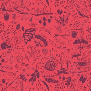 Könnte beinhalten: Ein nahtloses Muster mit einem sich wiederholenden Design aus stilisierten Blumen, Blättern, Vögeln und Beeren in dunkelrot auf einem leuchtend roten Hintergrund.