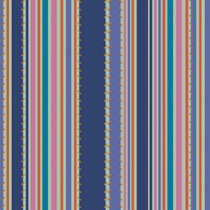 Könnte beinhalten: Ein farbenfrohes Streifenmuster mit vertikalen Linien in Blau, Rosa, Orange, Türkis und Grau. Das Design beinhaltet eine Naht entlang der Streifenkanten, die dem Gesamtbild ein strukturiertes Element hinzufügt.