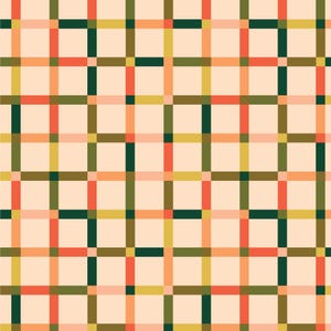Könnte beinhalten: Ein nahtloses Muster mit einem karierten Design in den Farben Pfirsich, Grün, Gelb und Dunkelgrün. Das Muster besteht aus dünnen horizontalen und vertikalen Linien.