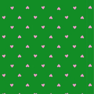 Könnte beinhalten: Ein sich wiederholendes Muster aus kleinen, rosa Herzen auf einem leuchtend grünen Hintergrund. Die Herzen sind gleichmäßig verteilt und erzeugen ein fröhliches, verspieltes Design. Dieses Muster eignet sich für verschiedene Anwendungen, wie Stoff oder Tapeten.