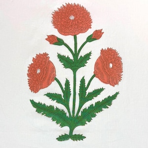 Könnte beinhalten: Ein florales Design mit drei korallenfarbenen Blumen mit detaillierten Blütenblättern und grünen Stielen und Blättern. Das Design ist vor einem weißen Hintergrund platziert und erzeugt einen auffälligen Kontrast. Die Blumen sind der Fokus und zeigen einen detaillierten, künstlerischen Stil.