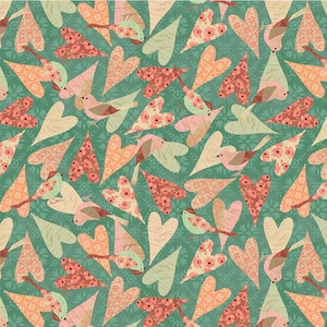 Könnte beinhalten: Ein nahtloses Muster mit verschiedenen bunten Herzen und Vögeln. Die Herzen sind in Rosatönen, Orange und Creme gehalten, die Vögel in Grüntönen, Blau und Rosa. Der Hintergrund ist in einem Türkisgrün gehalten.