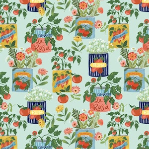 Könnte beinhalten: Ein sich wiederholendes Muster mit Tomatenpflanzen in bunten Behältern mit Etiketten wie "Roma" und "Marzano". Das Design umfasst Blumen und Blätter auf hellblauem Hintergrund und schafft eine fröhliche, gartenartige Illustration.