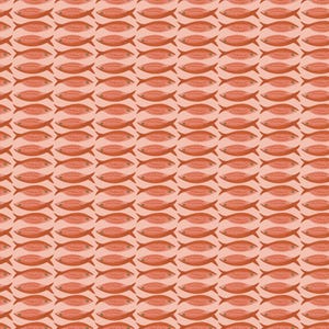Könnte beinhalten: Ein sich wiederholendes Muster aus orangefarbenen Fischen auf hellrosa Hintergrund. Die Fische sind stilisiert mit detaillierten Schuppen und Flossen, angeordnet in ordentlichen Reihen und Spalten. Das Design ist symmetrisch und visuell ausgewogen.