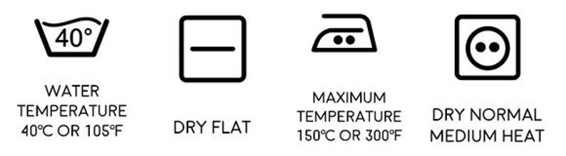 Puede incluir: Cuatro iconos en blanco y negro con texto que describe las instrucciones de cuidado de la ropa. El primer icono muestra una tina de lavado con agua y el n&uacute;mero 40 grados. El texto debajo dice "Temperatura del agua 40&deg;C o 105&deg;F". El segundo icono muestra un cuadrado con una l&iacute;nea horizontal que lo atraviesa. El texto debajo dice "Secar en plano". El tercer icono muestra una plancha con dos puntos. El texto debajo dice "Temperatura m&aacute;xima 150&deg;C o 300&deg;F". El cuarto icono muestra un c&iacute;rculo con dos puntos dentro de un cuadrado. El texto debajo dice "Secar normal a calor medio".