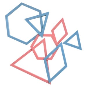 Könnte beinhalten: Ein Satz geometrischer Formen in Blau und Rosa. Die Formen umfassen ein Fünfeck, eine Raute und drei Dreiecke.