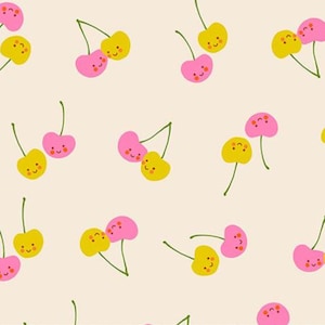 Könnte beinhalten: Ein sich wiederholendes Muster aus Cartoon-Kirschen in Rosa und Gelb mit lächelnden Gesichtern und grünen Stielen auf cremefarbenem Hintergrund. Das Design ist verspielt und fröhlich, geeignet für verschiedene Anwendungen.