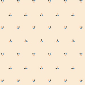 Könnte beinhalten: Ein nahtloses Muster mit einem sich wiederholenden Design aus drei kleinen Kreisen in Dreiecksform. Die Kreise sind schwarz, hellblau und pfirsichfarben.
