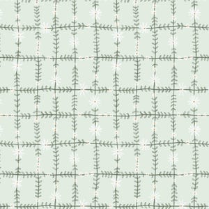 Könnte beinhalten: Ein sich wiederholendes Muster mit einem hellgrünen Hintergrund, das ein Gitter aus dunkelgrünen, belaubten Ranken und weißen, gänseblümchenartigen Blumen zeigt. Das Design hat eine handgezeichnete Ästhetik und erzeugt einen weichen, natürlichen Look. Die Blumen sind an den Kreuzungen des Gitters zentriert.