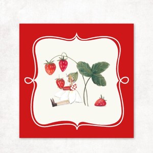 Könnte beinhalten: Eine skurrile Illustration einer sitzenden Figur mit grünen Haaren und einem weißen Kleid, umgeben von reifen Erdbeeren und grünen Blättern. Das Kunstwerk ist vor einem roten Hintergrund mit einem weißen dekorativen Rand angeordnet.