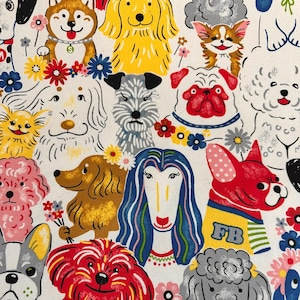 Könnte beinhalten: Ein farbenfroher Stoff mit einem sich wiederholenden Muster aus verschiedenen Hunderassen. Die Hunde sind im Cartoon-Stil mit leuchtenden Farben und floralen Akzenten illustriert. Der Stoff zeigt eine Vielzahl von Rassen, darunter einen Mops, einen Dackel, einen Pudel und einen Terrier.