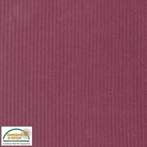 May include: Close-up of a burgundy corduroy fabric with vertical ribbed texture. The fabric has a soft, velvety appearance and a consistent color throughout. The image includes a "Confidence in Textiles" label.
