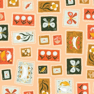 Könnte beinhalten: Ein sich wiederholendes Muster von Briefmarken in verschiedenen Farben, darunter Orange, Grün und Braun, mit weißen, gewellten Rändern. Die Briefmarken zeigen Illustrationen von Blumen, Schmetterlingen, Vögeln und Umschlägen. Einige Briefmarken haben Zahlen wie "80" und "09".