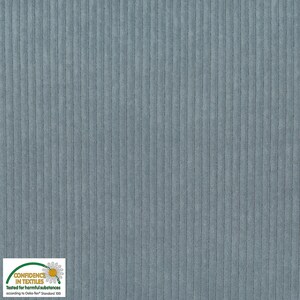 May include: Close-up of a textured, light blue corduroy fabric. The fabric has vertical ridges and a soft, velvety appearance. The image shows the texture and color of the material, suitable for apparel or home decor.