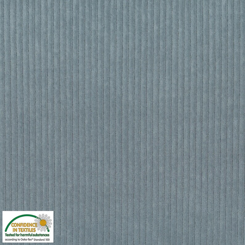 May include: Close-up of a textured, light blue corduroy fabric. The fabric has vertical ridges and a soft, velvety appearance. The image shows the texture and color of the material, suitable for apparel or home decor.