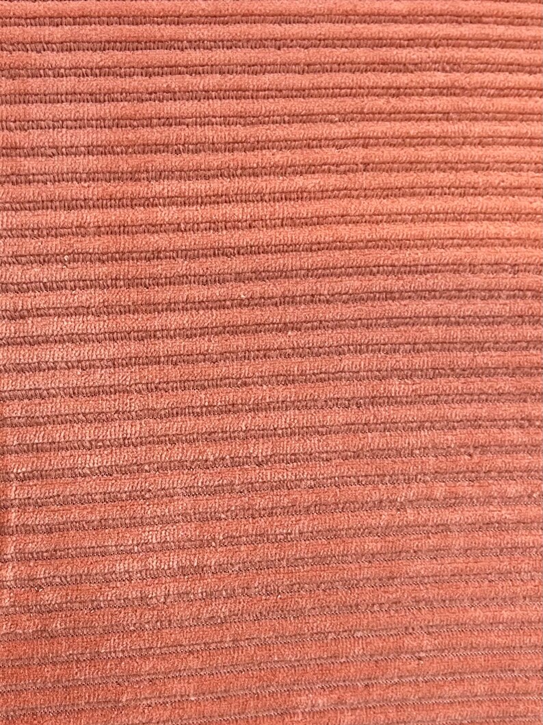 May include: Close-up of a textured, corduroy fabric in a warm, muted terracotta color. The fabric features evenly spaced, parallel ridges running horizontally across the frame, creating a tactile surface.