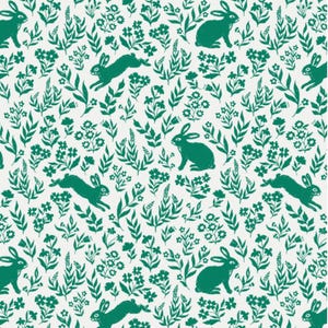 Könnte beinhalten: Ein sich wiederholendes Muster aus grünen Hasen und floralen Elementen auf weißem Hintergrund. Die Hasen werden in verschiedenen Posen dargestellt, darunter springend und sitzend. Die floralen Elemente umfassen Blätter und Blumen, die ein Frühlings- oder Osterthema schaffen.