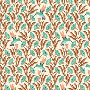Könnte beinhalten: Ein nahtloses Muster mit türkisfarbenen Kolibris, die zwischen braunen Zweigen und türkisfarbenen Blüten mit orangefarbenen Zentren auf cremefarbenem Hintergrund fliegen.