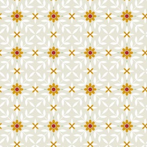 Könnte beinhalten: Ein sich wiederholendes Muster mit gelben Blumen, roten Zentren und weißen blattartigen Formen auf hellbeigem Hintergrund. Kleine orangefarbene Kreuze und grüne Punkte vervollständigen das symmetrische florale Design.