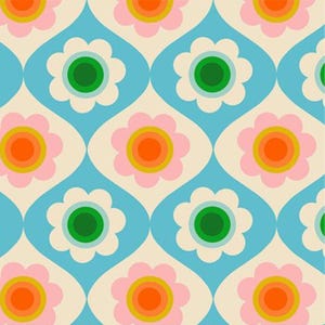Könnte beinhalten: Ein sich wiederholendes Muster stilisierter Blumen im Retro-Design. Die Blumen haben eine rosa, orange und gelbe Mitte, umgeben von weißen Blütenblättern. Der Hintergrund zeigt hellblaue und cremefarbene Tropfenformen.