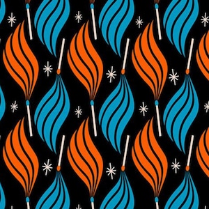 Könnte beinhalten: Ein sich wiederholendes Muster aus stilisierten Streichhölzern mit orangefarbenen und blauen Flammen auf schwarzem Hintergrund. Jedes Streichholz hat einen weißen Stiel und einen kleinen roten Kopf. Kleine weiße Sternformen sind im Design verstreut.