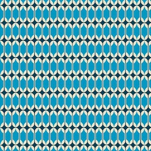 Könnte beinhalten: Ein sich wiederholendes Muster aus türkisfarbenen, länglichen Ovalen auf einem dunkelblauen Hintergrund. Jedes Oval ist mit Off-White umrandet, wodurch ein Retro-Design entsteht. Das Muster ist symmetrisch und visuell ansprechend.