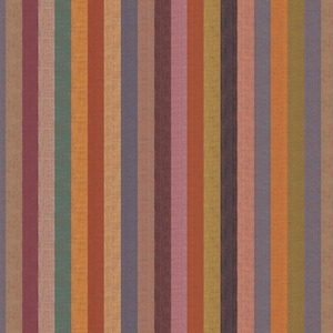 Könnte beinhalten: Ein nahtloses Muster aus vertikalen Streifen in verschiedenen Brauntönen, Orange, Rot, Grün, Lila und Grau. Die Streifen sind gleichmäßig verteilt und erzeugen eine strukturierte, gewebte Optik.