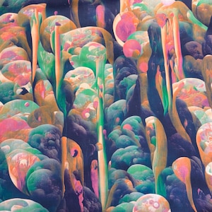 Könnte beinhalten: Abstrakter Kunstdruck mit einem farbenfrohen, wirbelnden Muster in Rosa, Grün, Blau und Orange. Das Design ähnelt einer Landschaft mit organischen Formen und Texturen.