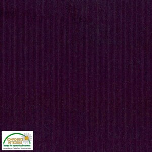 May include: A close-up of a dark purple corduroy fabric with vertical ribbed texture. The fabric has a soft, velvety appearance. The image includes a small logo in the bottom left corner that reads "CONFIDENCE IN TEXTILES Tested for harmful substances according to Oeko-Tex&reg; Standard 100."