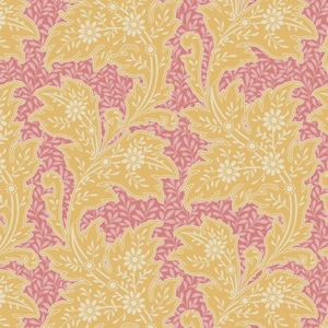 Könnte beinhalten: Ein sich wiederholendes Muster mit großen, stilisierten gelben Blättern mit weißen floralen Akzenten auf einem rosa Hintergrund. Die Blätter weisen komplizierte Details auf und sind symmetrisch angeordnet, wodurch ein Tapeten- oder Stoffmuster entsteht.