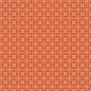 Könnte beinhalten: Ein sich wiederholendes Muster aus stilisierten floralen Formen in Orange-, Pfirsich-, Weiß- und Grautönen. Das Design zeigt symmetrische Anordnungen von blütenblattartigen Formen und erzeugt ein visuell dichtes und komplexes Muster, das für Stoff oder Tapeten geeignet ist.