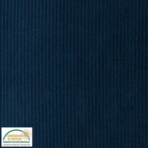 May include: Close-up of navy blue corduroy fabric. The fabric has a ribbed texture with vertical lines. The image includes a small white and green label in the bottom left corner with text indicating the fabric has been tested for harmful substances.