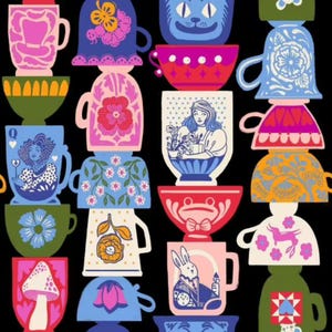 Könnte beinhalten: Ein sich wiederholendes Muster aus bunten Tassen und Untertassen auf schwarzem Hintergrund. Die Tassen weisen verschiedene Designs auf, darunter Blumenmuster, ein Katzenkopf und Illustrationen einer Frau. Die Farbpalette umfasst Rosa, Blau, Grün und Orange.