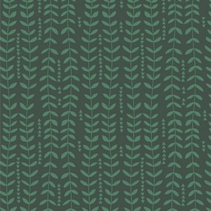 Könnte beinhalten: Ein nahtloses Muster mit einem sich wiederholenden Design aus grünen Blättern und kleinen Dreiecken auf einem dunkelgrünen Hintergrund.