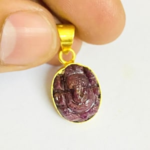Ruby Ganesha Pendant Gold Plated | Hindu God Ganesh Necklace | Spiritual Healing Jewelry | Protection Talisman | Handmade India