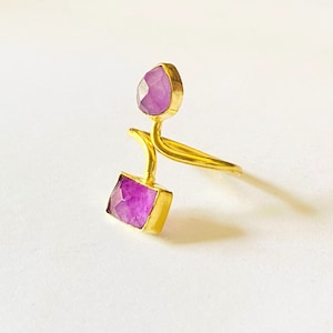 Gold Plated Amethyst Adjustable Ring | Double Stone Open Ring | Handmade Boho Jewelry | Unique Statement Ring | Gift for Her