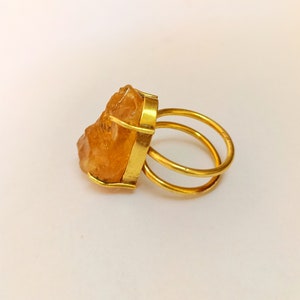 Gold Plated Raw Citrine Ring | Double Band Statement Ring | Handmade Gemstone Jewelry | Adjustable Yellow Crystal Ring